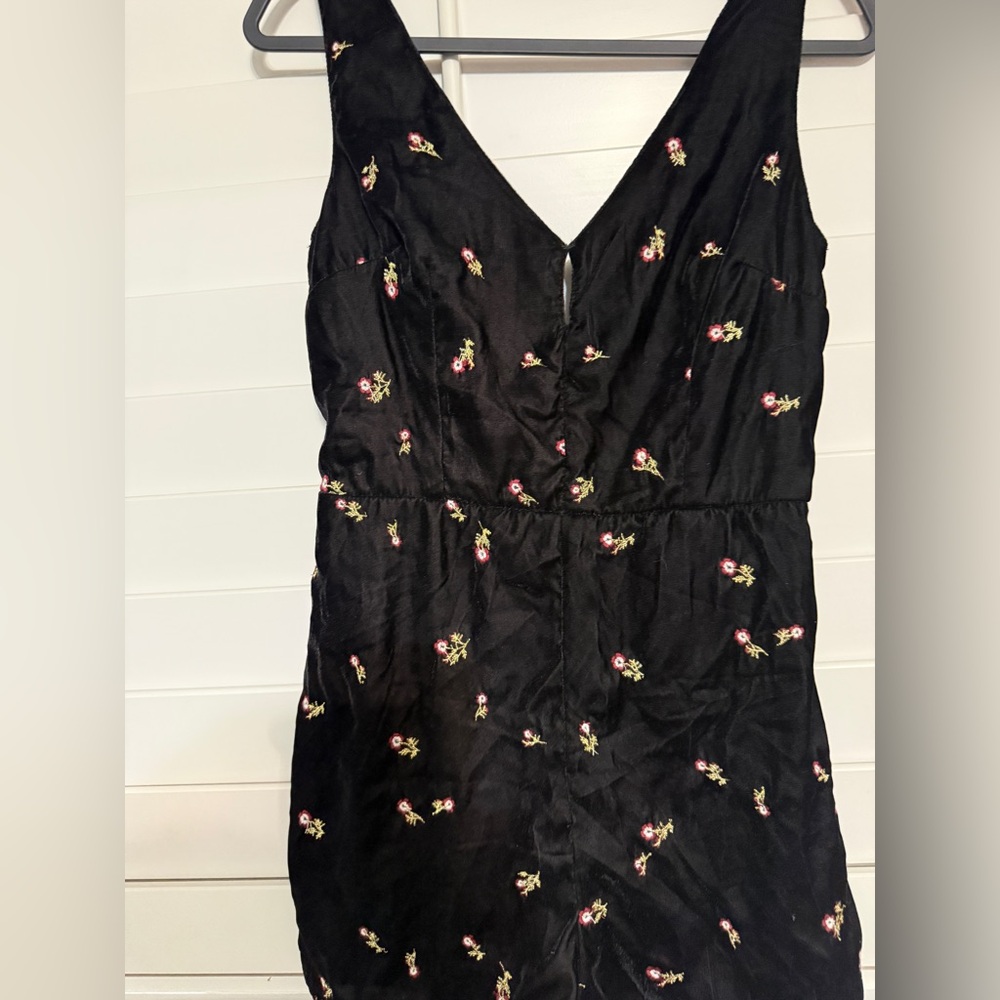 Black Floral Embroidered Velvet Romper.